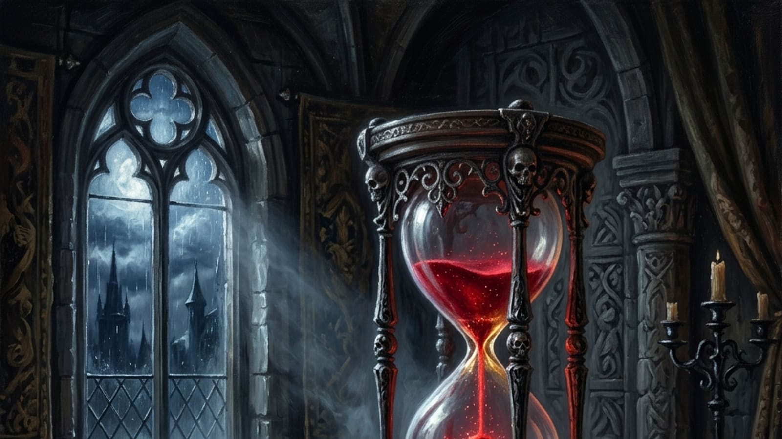 An ornate hourglass with glowing blood-red sand in cold moonlight