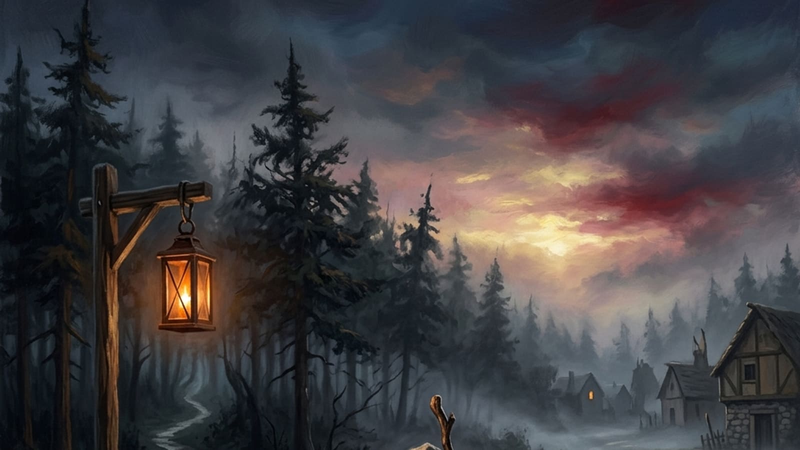 A lantern-lit crossroads at the edge of a dark forest at dawn
