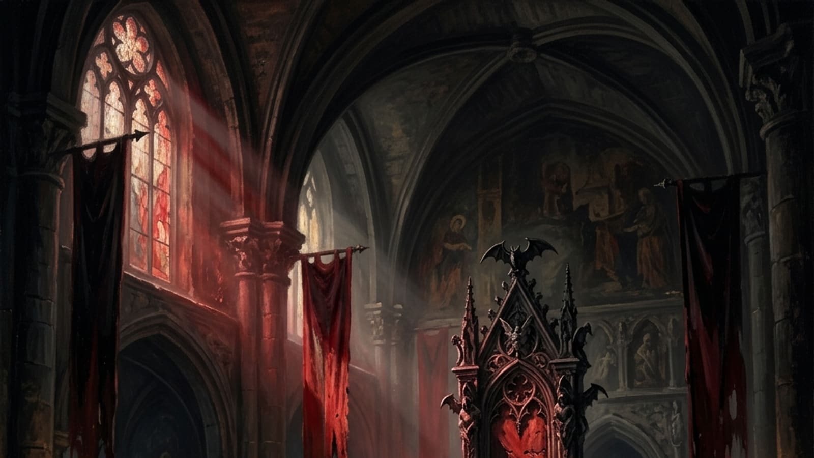 A shadowy gothic throne room with a towering vampiric throne and cloaked figures