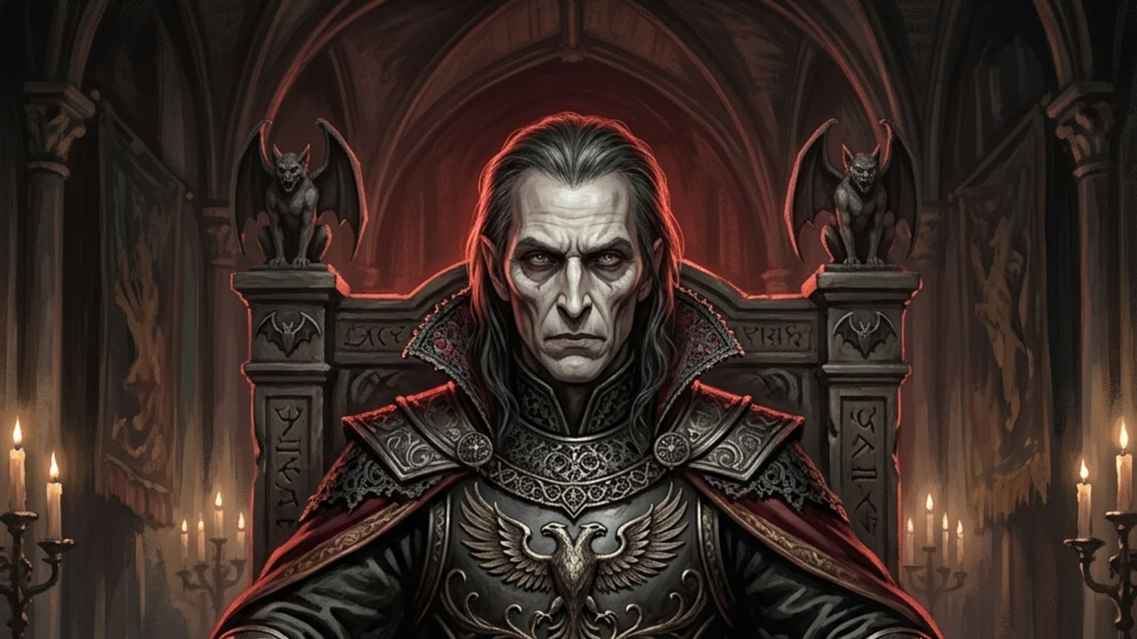 An ancient pale vampire lord in dark gothic regalia on a shadowy throne, lit by crimson light