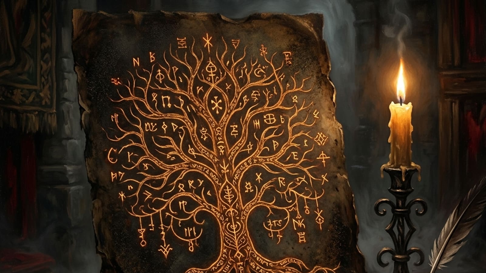 An ornate branching skill diagram etched in glowing runes on dark parchment