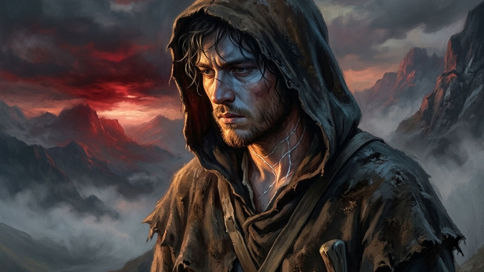 A hooded young man, half his face in dawn light and half in shadow, on a misty mountainside