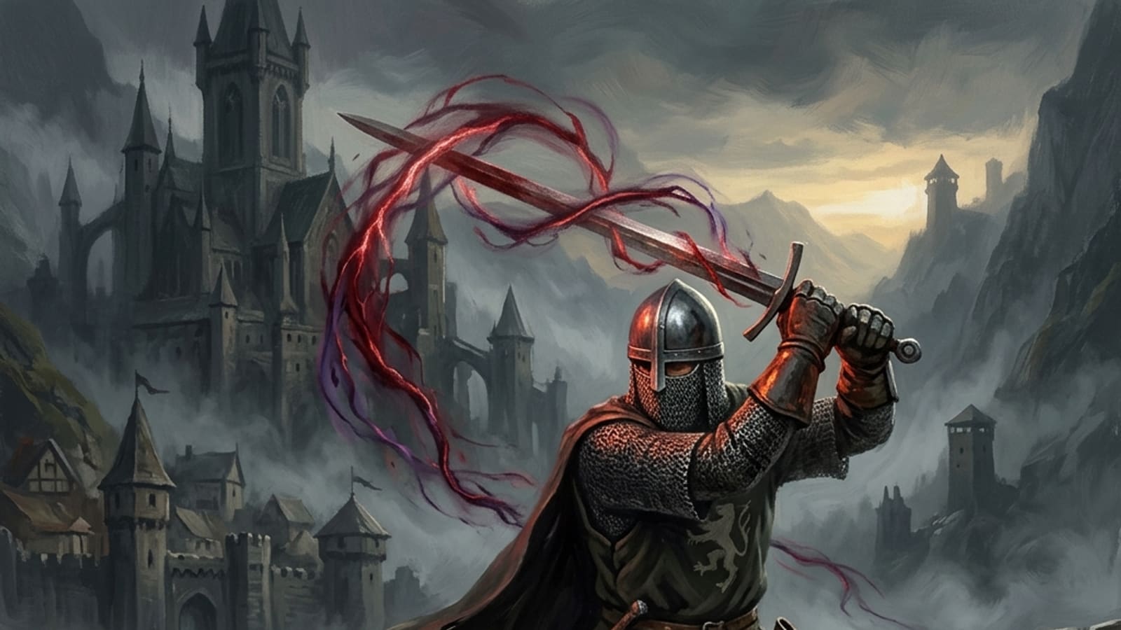 A medieval swordsman mid-parry as crackling crimson hex energy swirls around his blade