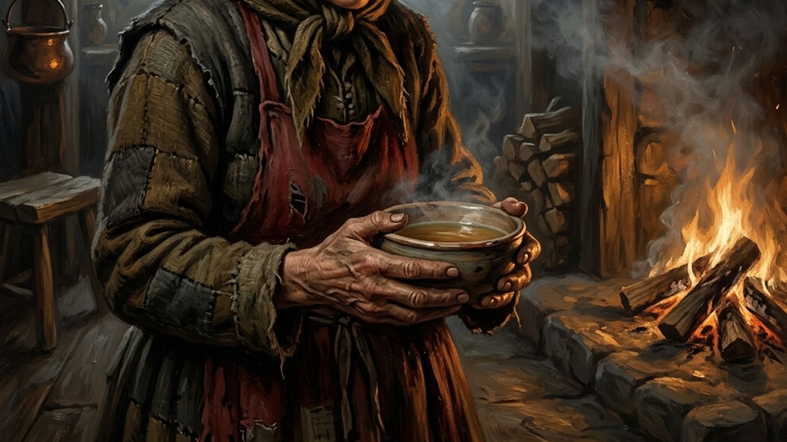 A weathered, kind-eyed older peasant woman in a headscarf by hearth light, careworn but warm
