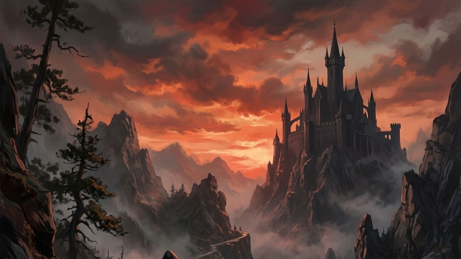 A hooded wanderer on a misty mountain pass at blood-red dawn with a distant gothic castle