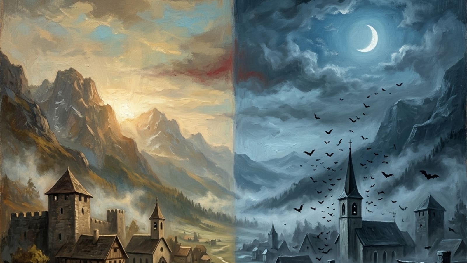 A split landscape of a sunlit village by day and a moonlit valley by night