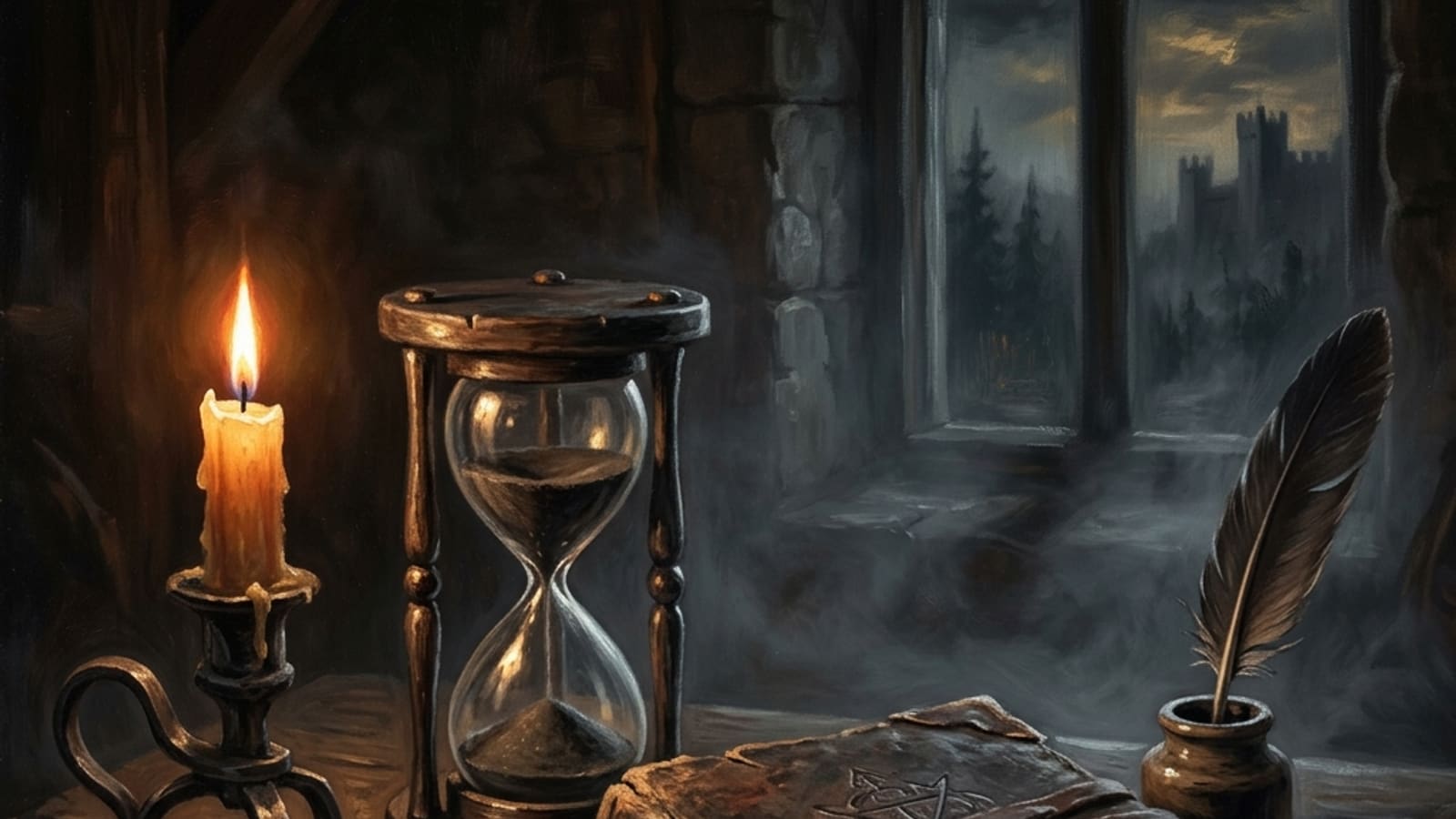 A weathered hourglass and a worn traveler's journal on a candlelit table