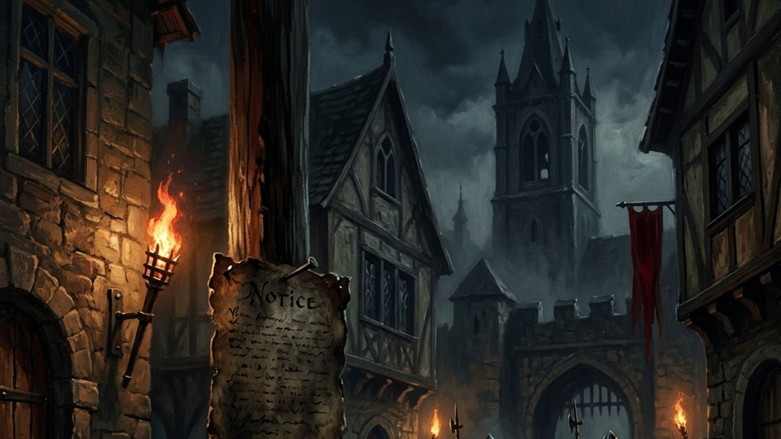 A torchlit medieval town square at night with a notice nailed to a post