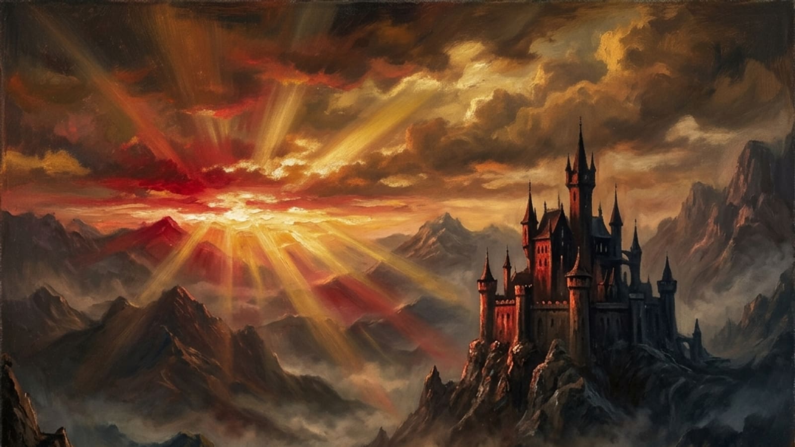 A blood-red dawn breaking over a gothic mountain valley