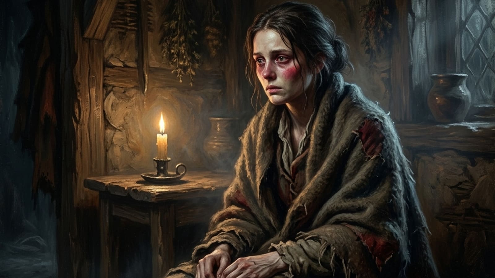 A pale, frail young peasant woman wrapped in a worn shawl by candlelight, fragile but resolute