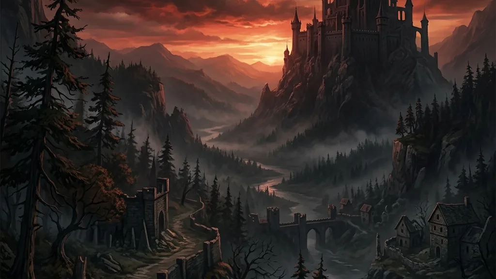 A dark gothic cathedral looming under a blood-red moon with misty forests surrounding the courtyard.