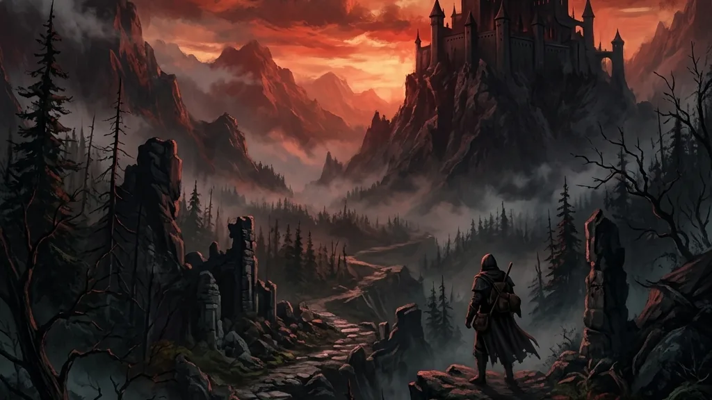 A dark gothic battlefield under a fractured moon, showcasing aggressive melee sword fighting in the shadows.