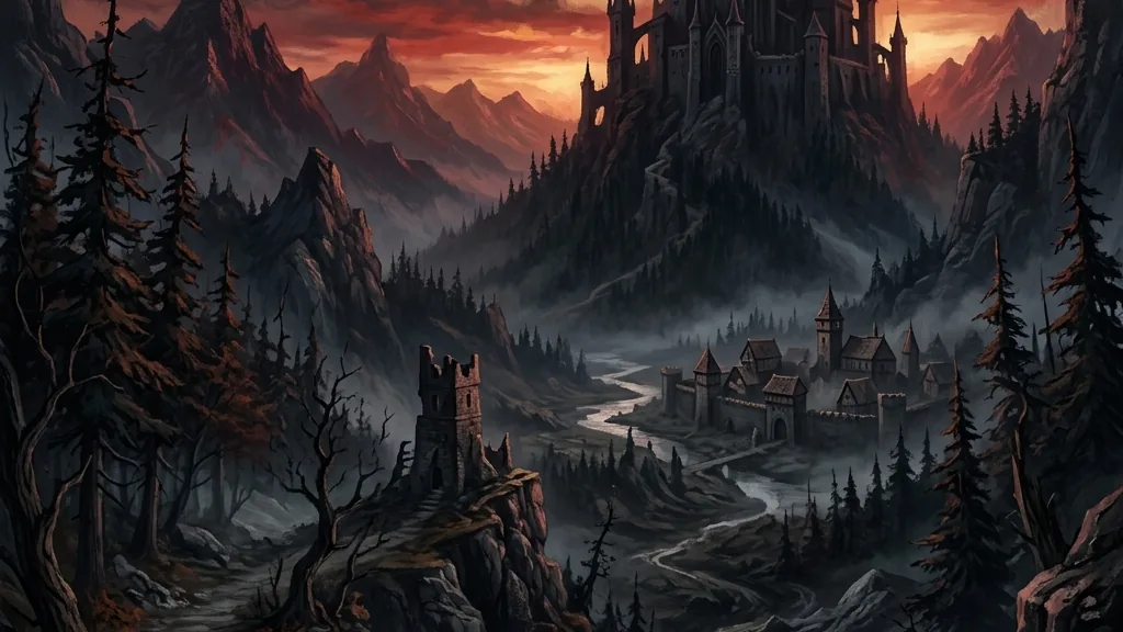 A moody, dark fantasy illustration showing a lone figure resting on a stone throne under a copper-toned, breaking dawn sky.