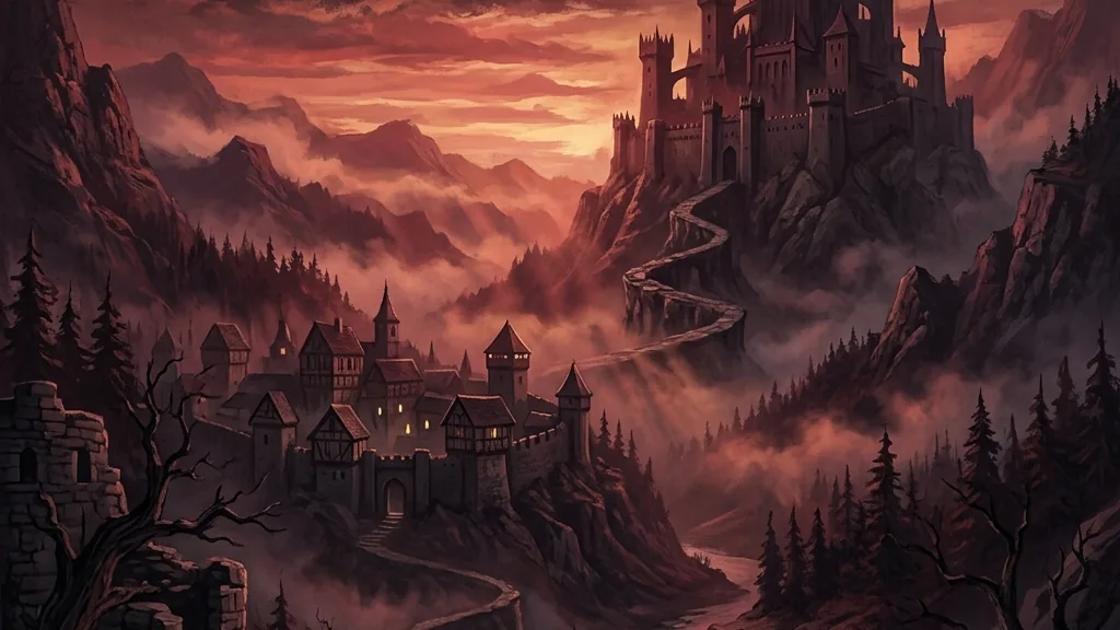 A moody dark fantasy illustration of a red crescent moon rising over a city skyline blending medieval and modern architecture
