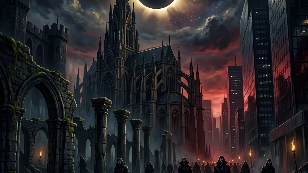 A gothic cathedral under a solar eclipse transition, blending medieval and modern styles.
