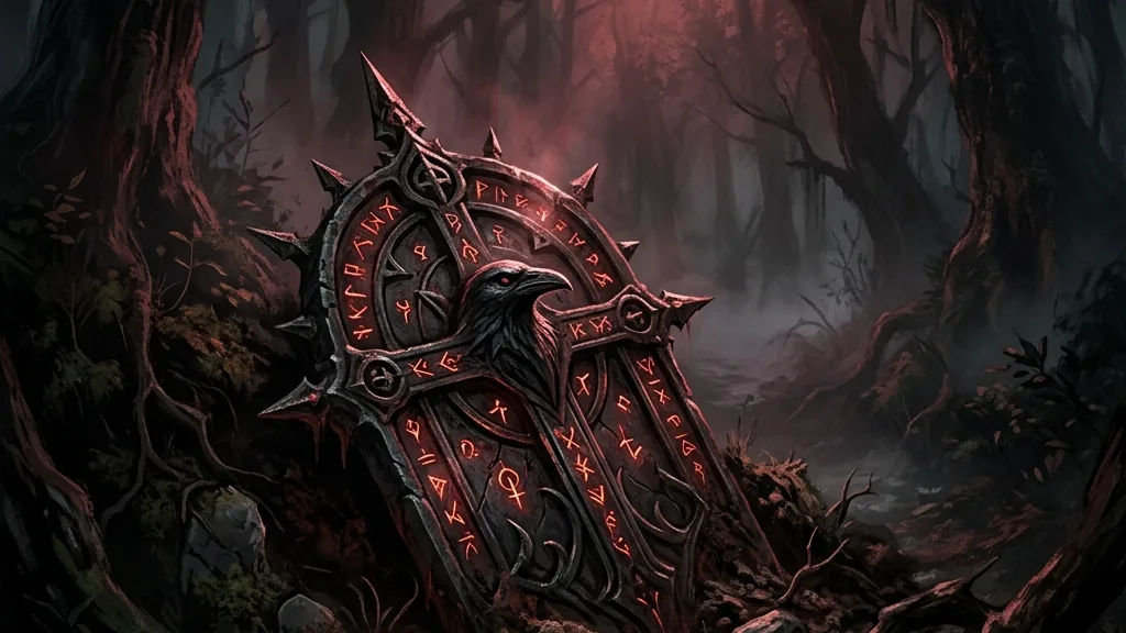 A gothic horror fantasy landscape showcasing an ancient metal relic buried in dark, misty soil under a bloody crimson moon.