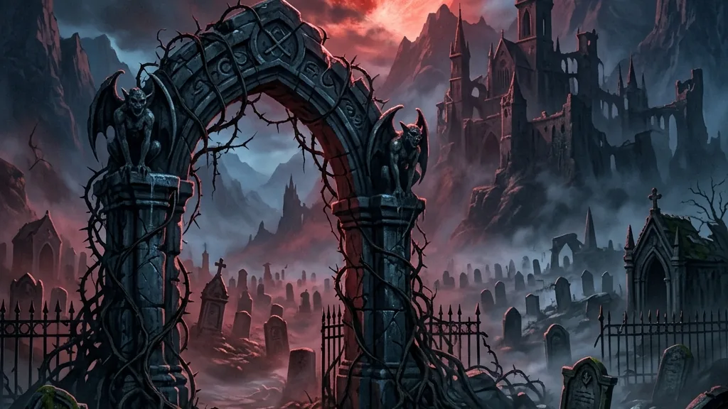 A haunting medieval graveyard in the Carpathian Mountains under a colossal blood-red full moon, surrounded by gothic stone spires.