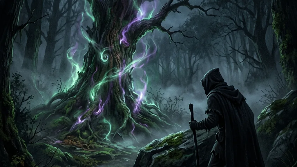 A lone investigator in a hooded cloak examining a faintly glowing paranormal anomaly in an eerie medieval forest under a pale moon.