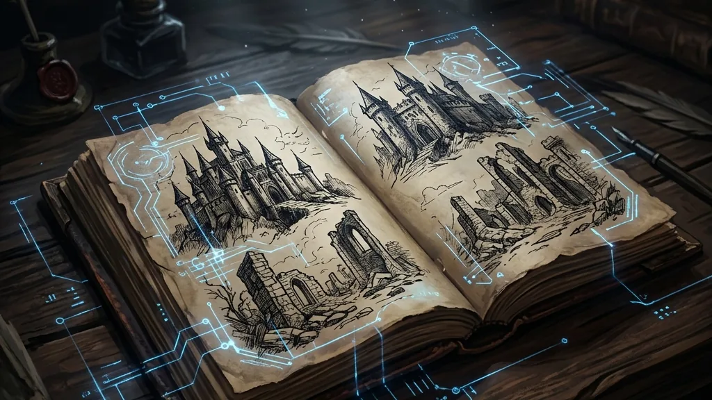 An open medieval journal glowing with faint holographic digital circuits on a dark wooden table