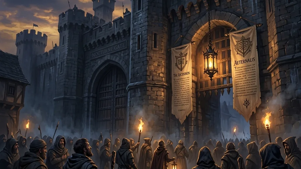 A gathering of cloaked townspeople standing before a massive medieval city gate under a twilight sky, holding glowing lanterns.