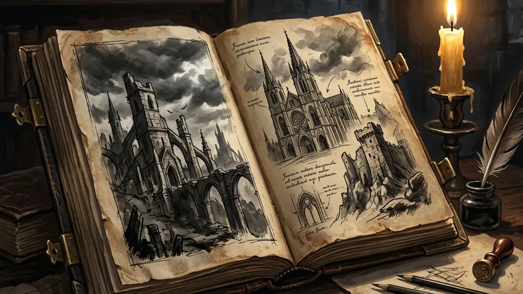 An open, leather-bound art journal lying on a wooden desk under dim candlelight, displaying sketches of gothic spires and ominous ruins.