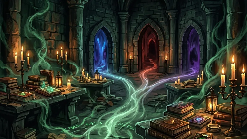 An atmospheric view of three stone doorways inside a dark gothic library, with green hex magic illuminating the paths.