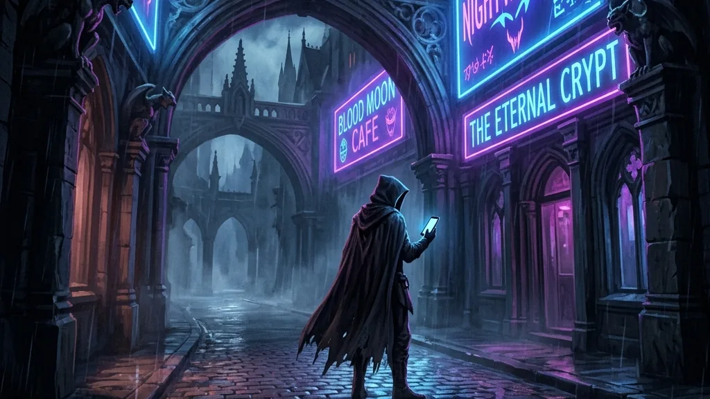 A Gothic street scene at night, where medieval stone arches are illuminated by modern blue and purple neon billboards, showing a lone cloaked figure holding a sleek, glowing smartphone-like device reflecting in puddles.