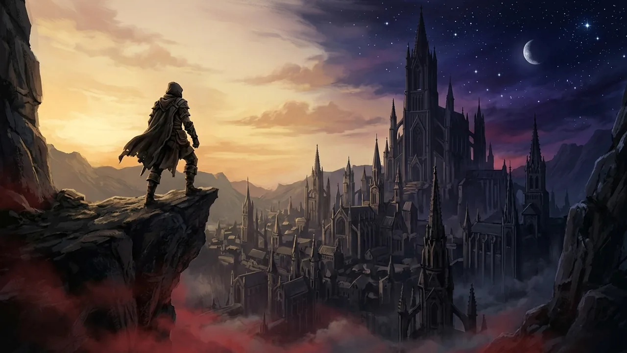 A lone traveler overlooking a grand gothic cathedral in Vale Sangora at twilight, under a sky split between day and night.
