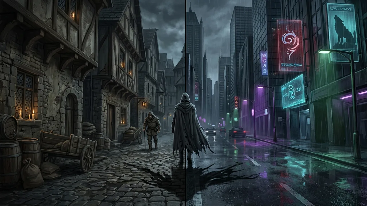 A split visual of a gothic city transitioning from a 14th-century cobblestone street to a neon-lit modern urban alley.