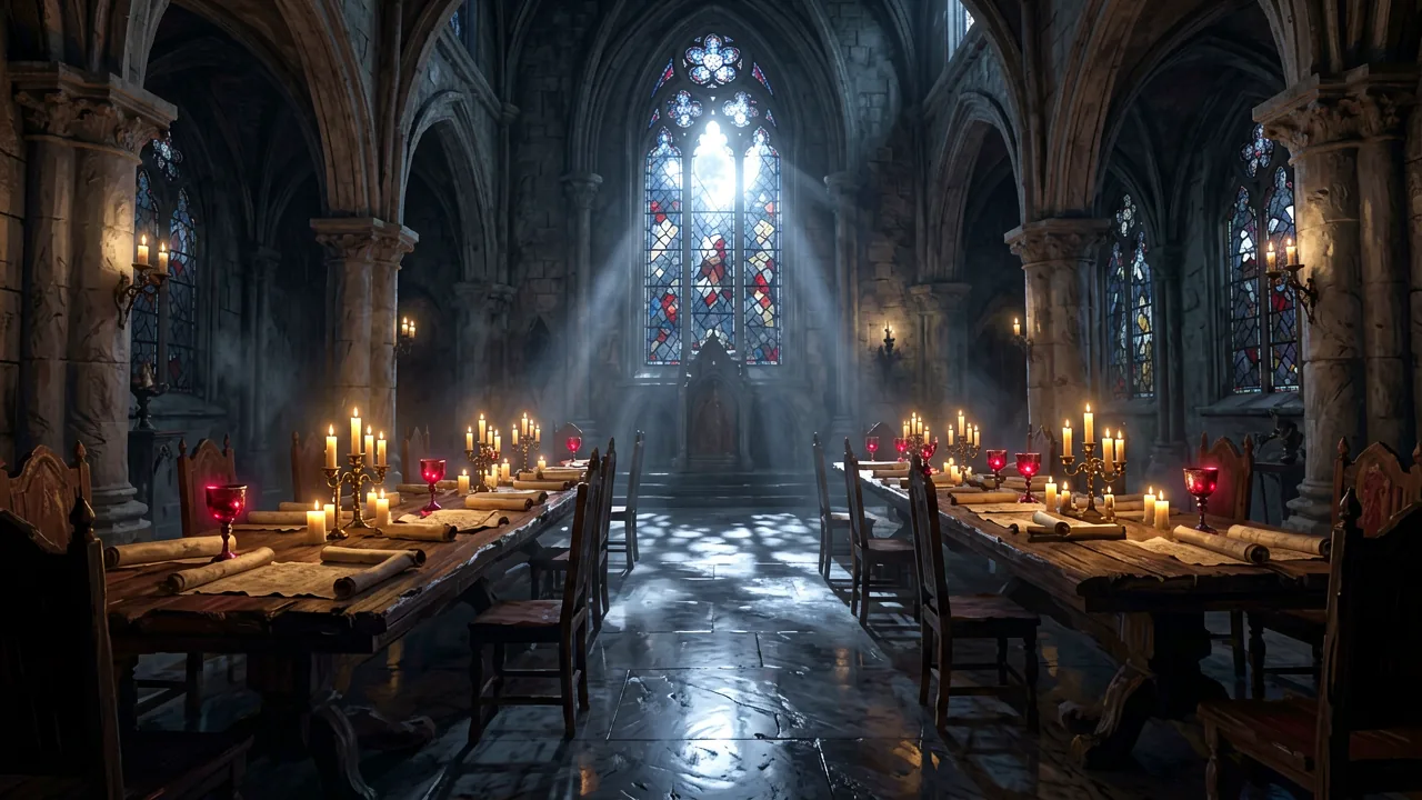 A grand, empty gothic castle hall with stone arches, massive wooden tables scattered with open maps and candles, bathed in soft moonlight.