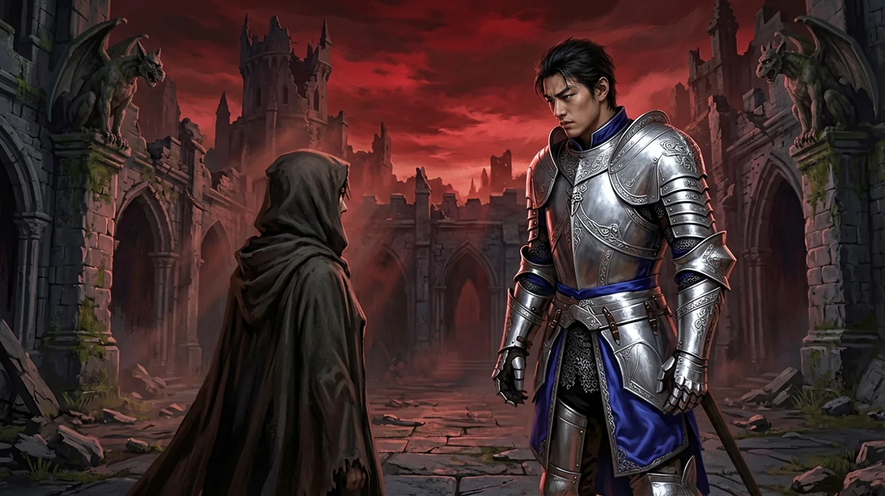 A tense face-off in a ruined gothic stone courtyard at twilight between a vampire in gleaming silver armor and a cloaked figure.