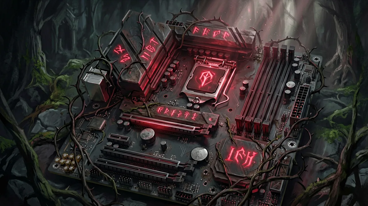 A glowing red gemstone embedded inside an intricate computer circuit board covered in gothic patterns and dark moss, set against a dark metallic background.