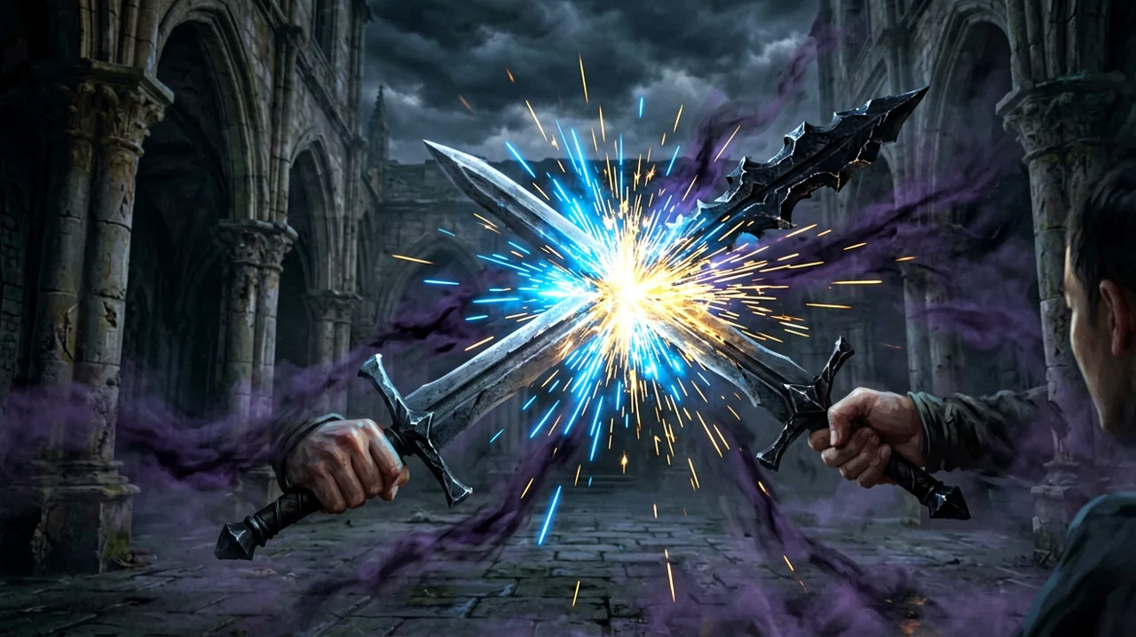 A detailed view of two steel medieval swords clashing together in a dark gothic castle courtyard, emitting faint magical sparks.