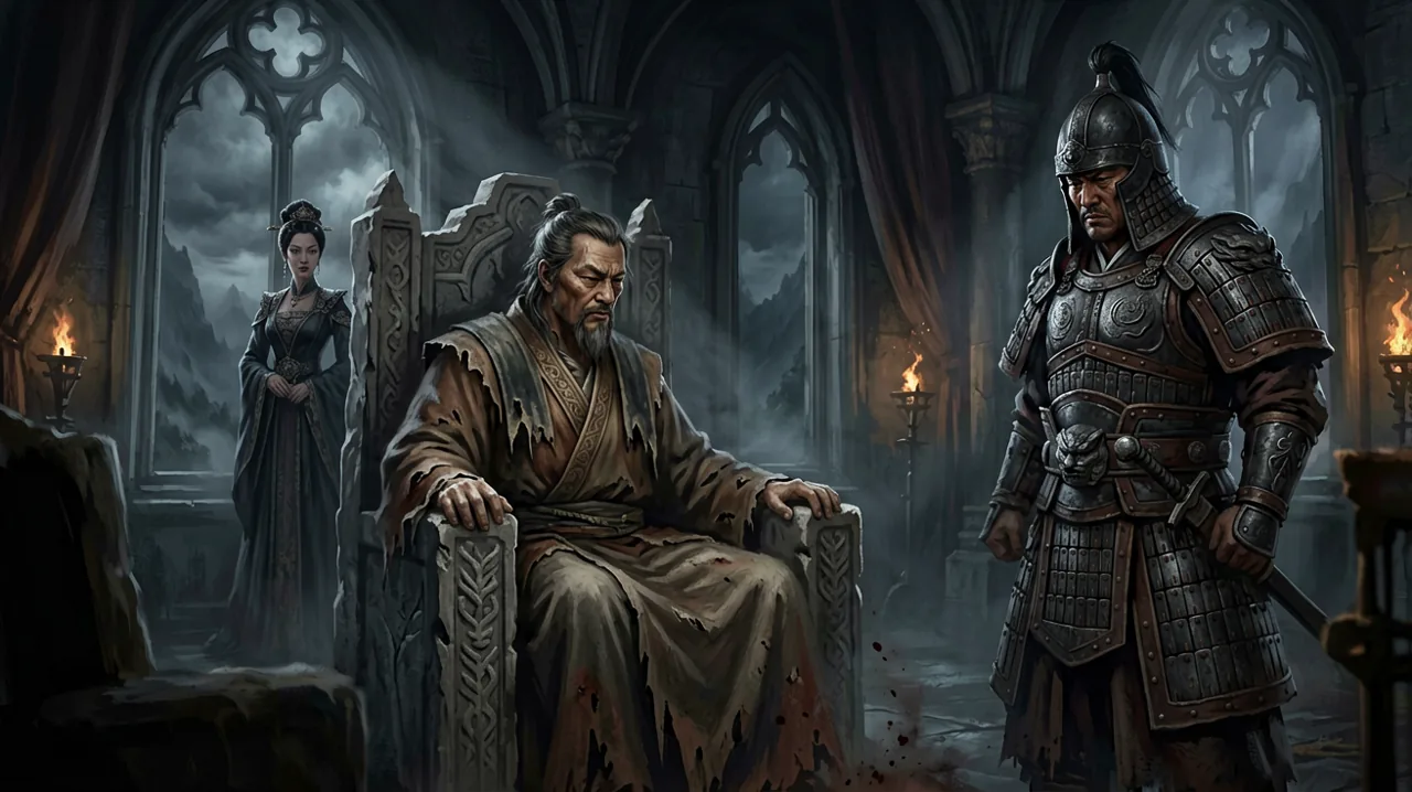 Gothic council chamber with three distinct vampire lords discussing in shadow.