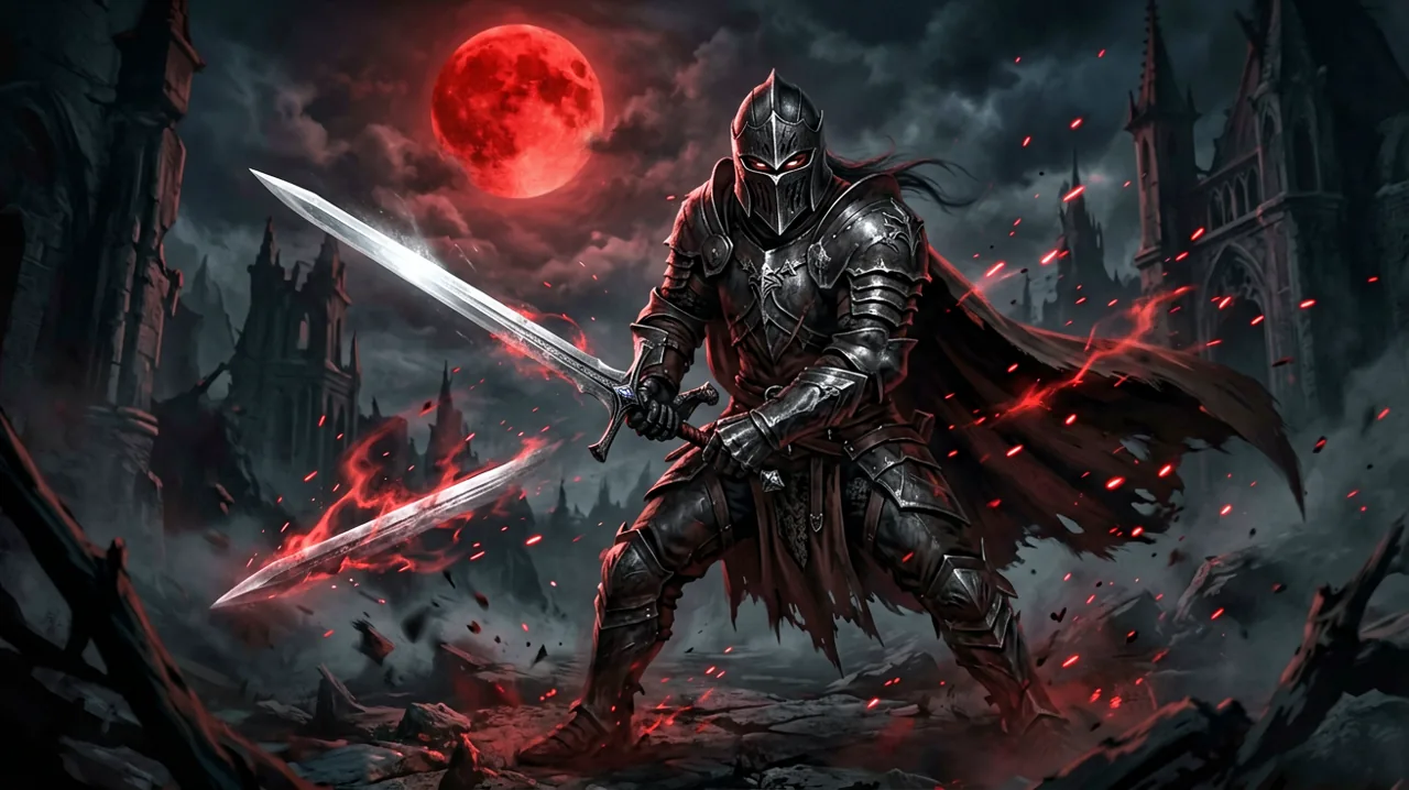 A gothic sword fighter stands ready under a blood-red moon, adjusting their combat stance as shifting shadows dance around them.