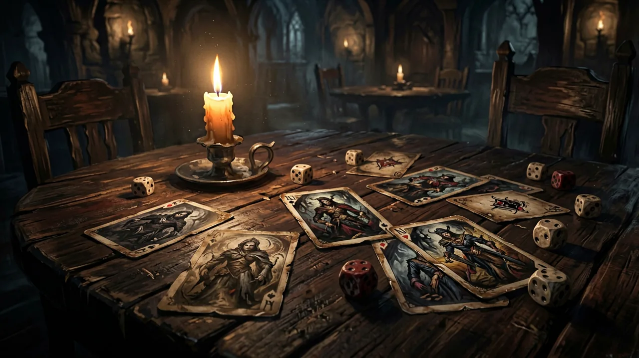A wooden table in a medieval tavern lit by a single candle, with gothic-style playing cards spread out.