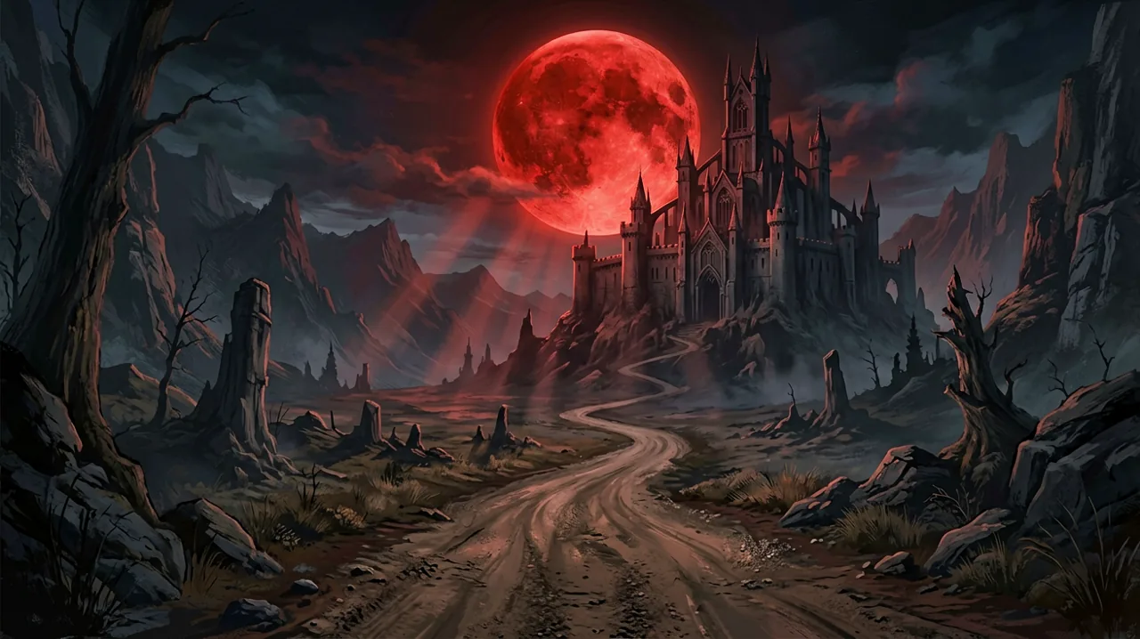 A lone traveler looking out at a colossal gothic fortress under a crimson blood moon.
