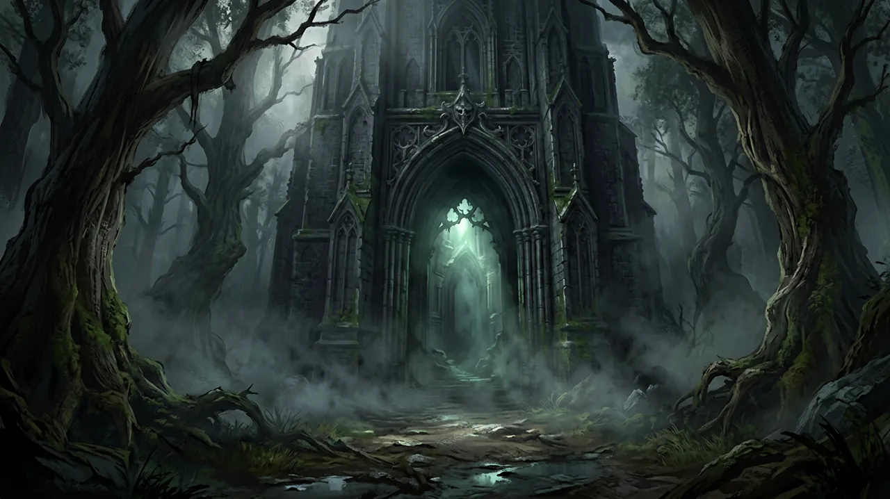 A towering gothic stone gateway shrouded in thick morning fog, with overgrown vines wrapping around the arches and shadowy ruins visible in the background.