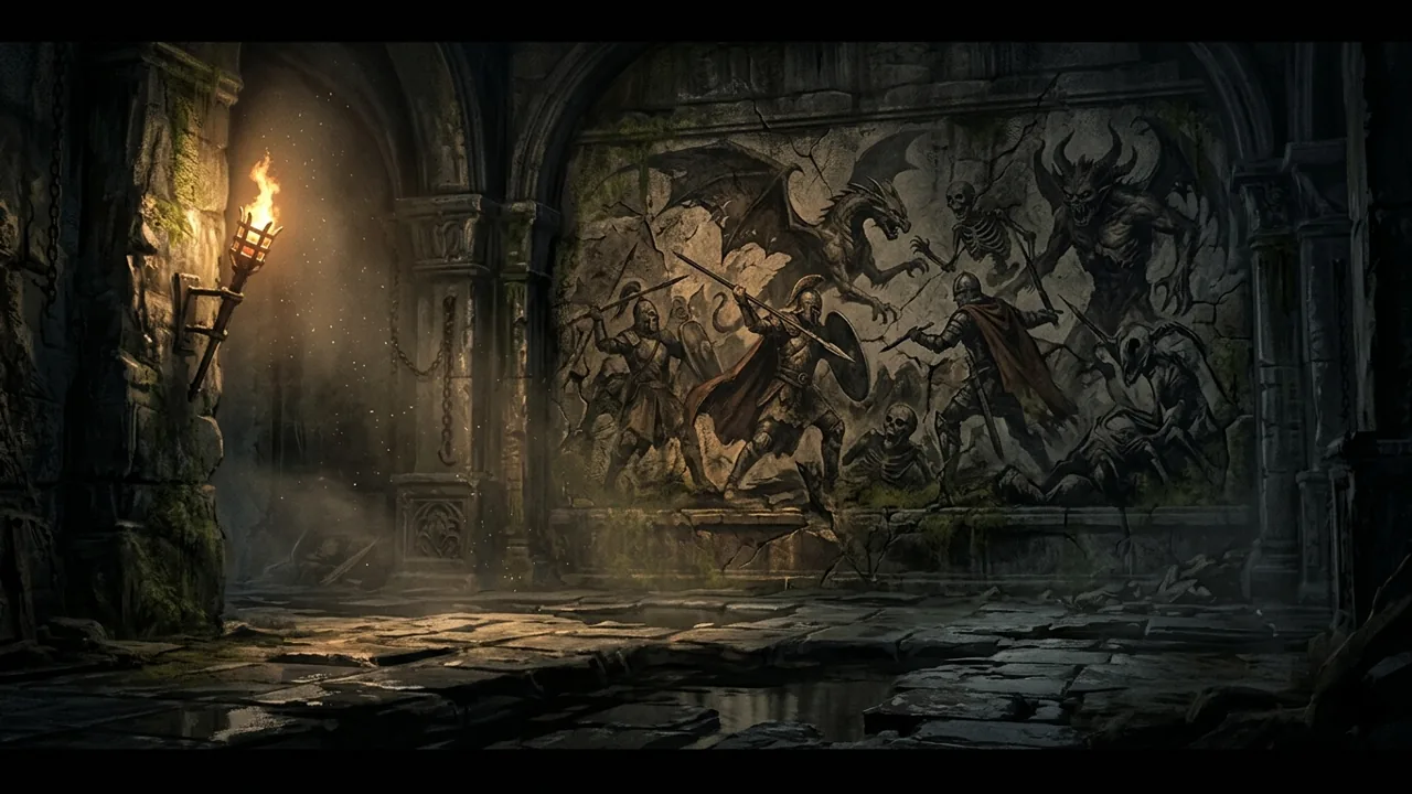 A gothic underground stone chamber with a fading mural of ancient heroes lit by a torch.