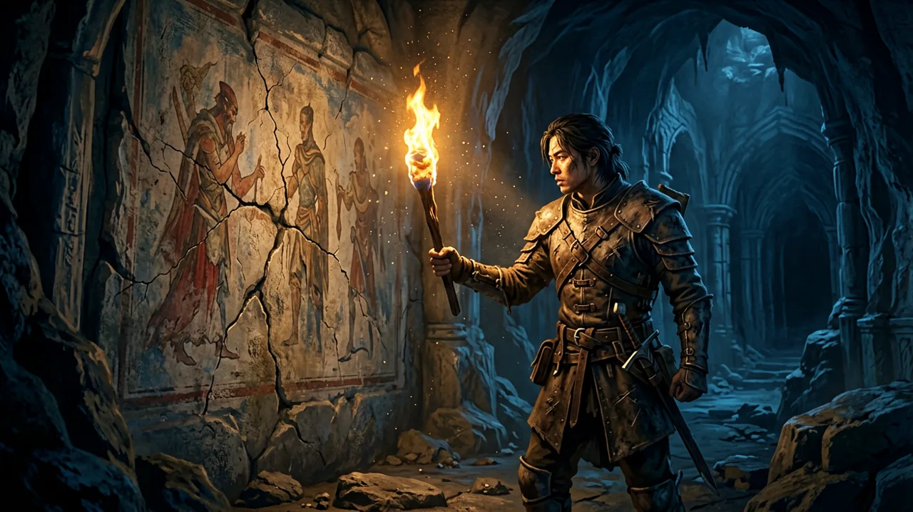 A solitary human explorer stands before a massive, crumbling stone mural inside a dimly lit cavern, holding a torch that casts long shadows.