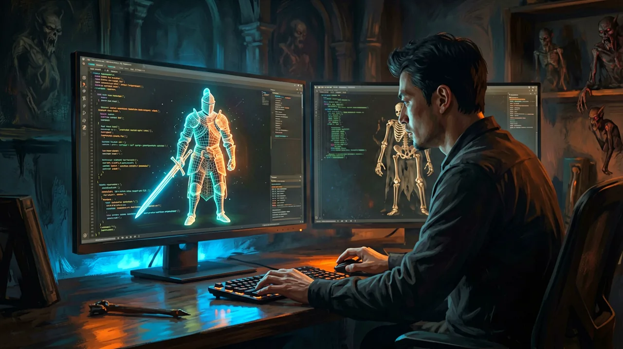 A developer sits in front of dual monitors displaying detailed 3D wireframe character animations in a dark studio, with glowing code lines visible on one side of the screen.