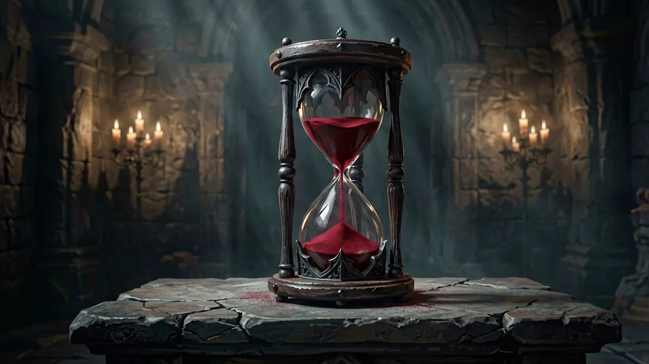 A vintage wooden sandglass filled with dark red sand on a rustic stone altar, cast in long gothic shadows under moonlight.