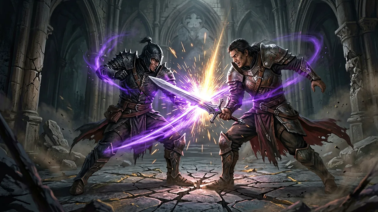An intense parry animation featuring a gothic knight deflecting a massive dark magic claw, with bright sparks illuminating a ancient stone courtyard.