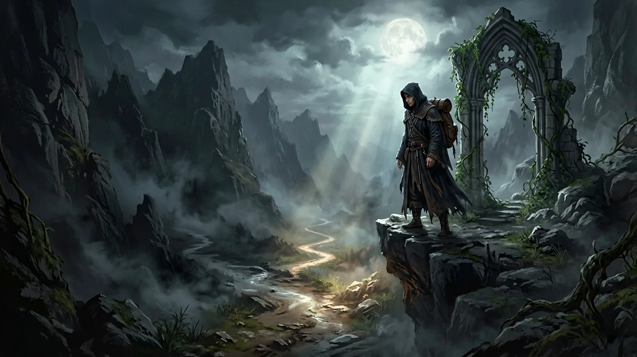 A dark fantasy illustration showing a robed figure looking down at a shattered stone tablet on a mountain cliff, representing broken paths and narrative consequences.