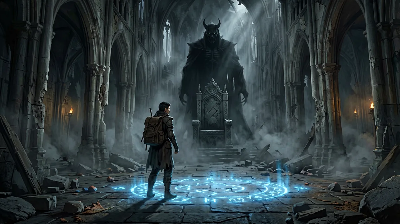 A lone traveler standing at the entrance of a massive, dark gothic throne room, facing a towering vampire lord shadow on the throne.