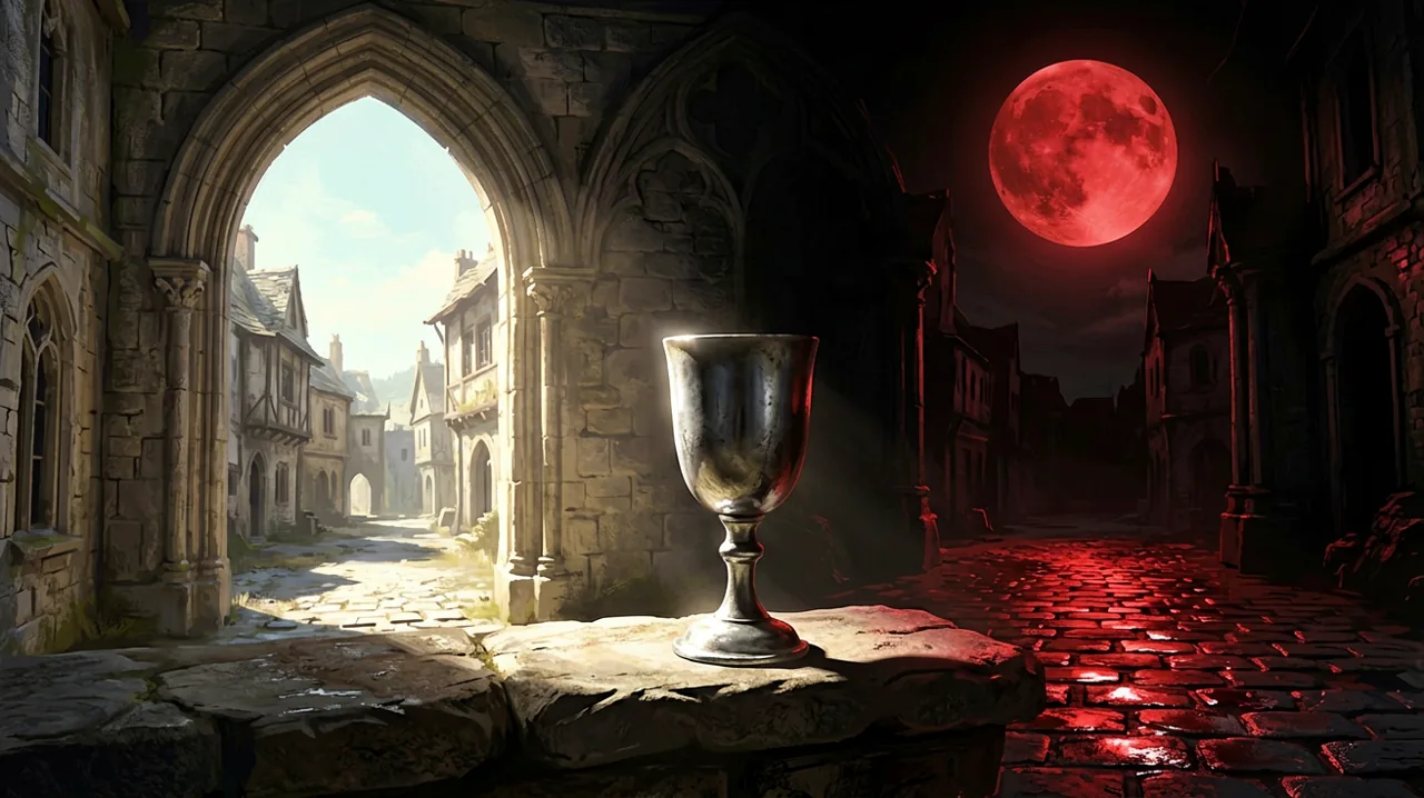 A split-screen illustration of a gothic archway, one half illuminated by harsh medieval daylight and the other half bathed in a bloody red moonlight.