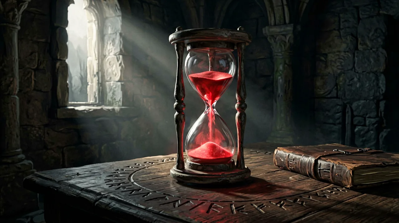 A gothic hourglass filled with glowing blood-red sand sitting on a dark wooden table in a dimly lit, atmospheric 14th-century Carpathian study.