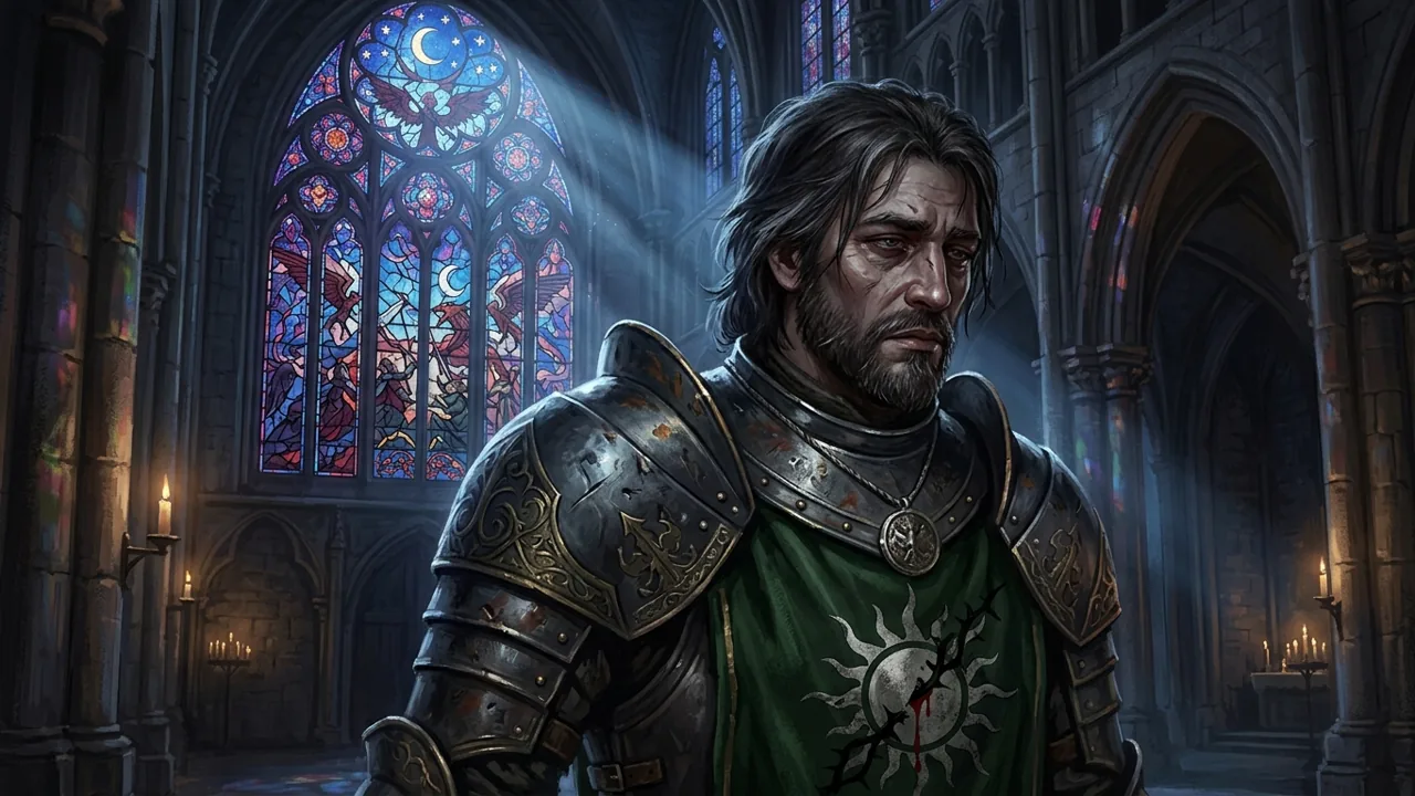 A detailed portrait of a brooding medieval knight clad in worn iron armor, standing in a dark cathedral under a moonlit stained glass window, his expression showing a silent internal conflict.