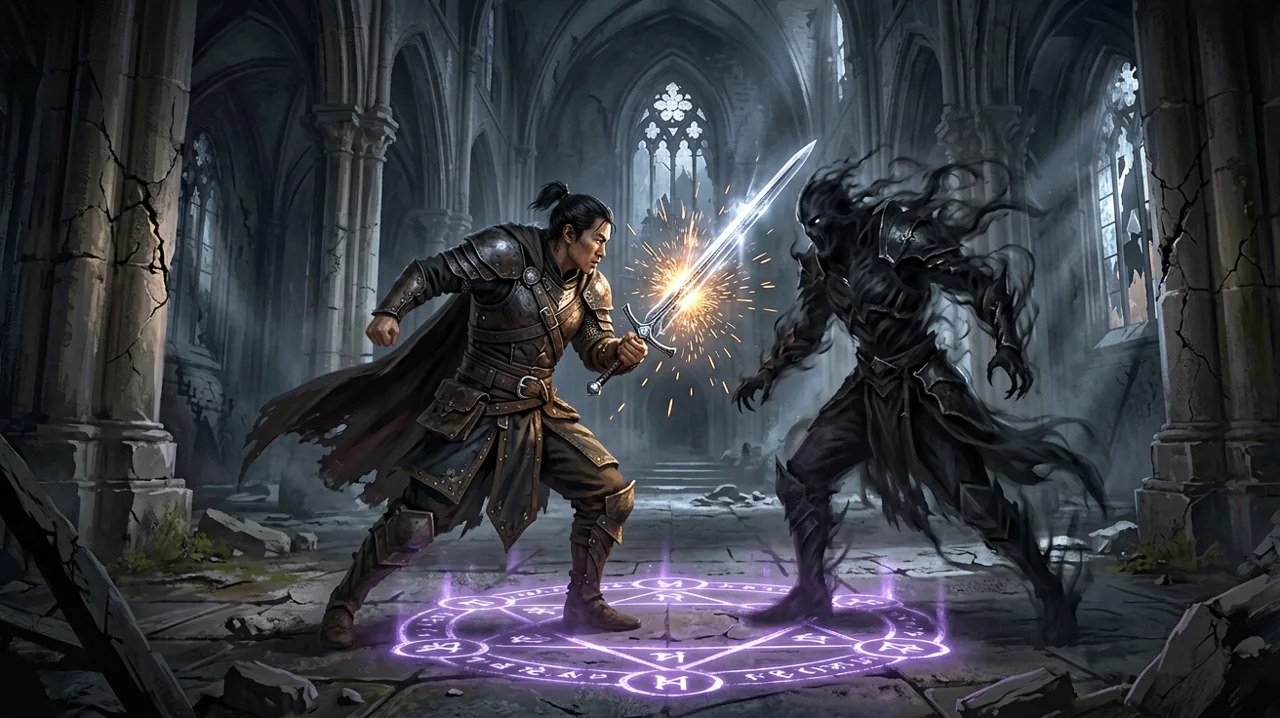A tense gothic duel inside a ruined cathedral where sparks fly from clashing swords and dark energy ripples through the air.
