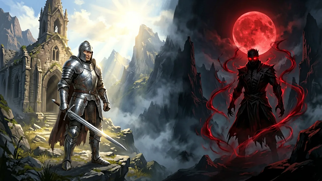A gothic split-screen landscape showcasing a medieval knight under a bright afternoon sky and a red-eyed creature under a crimson moon.